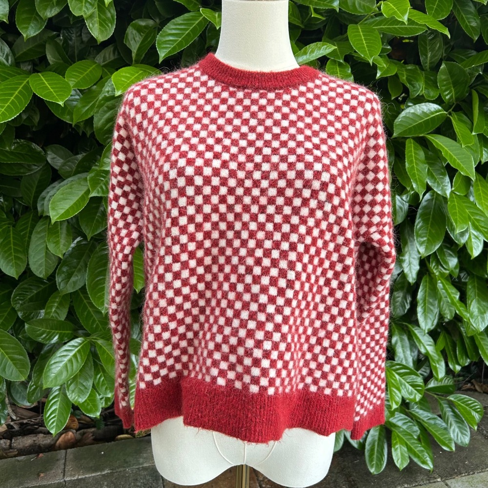 Madewell Red Checkered‎ Fuzzy Crewneck Sweater Size M